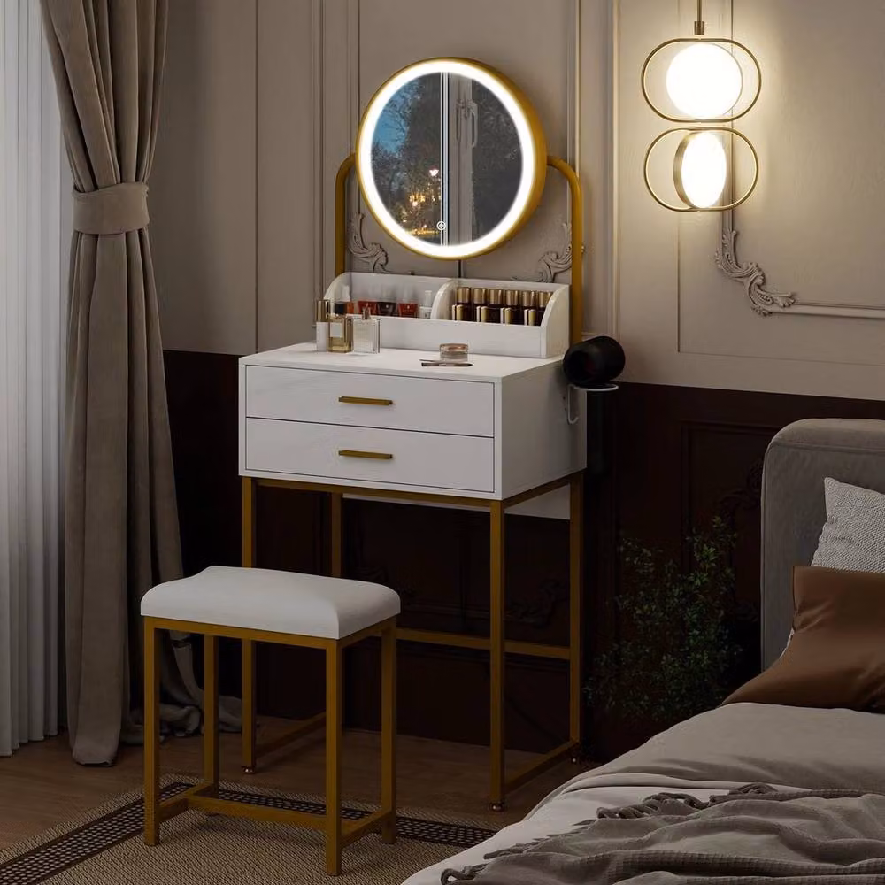 FORGEVIO Modern White and Gold Vanity Dressing Table with LED Mirror and Drawers – 4