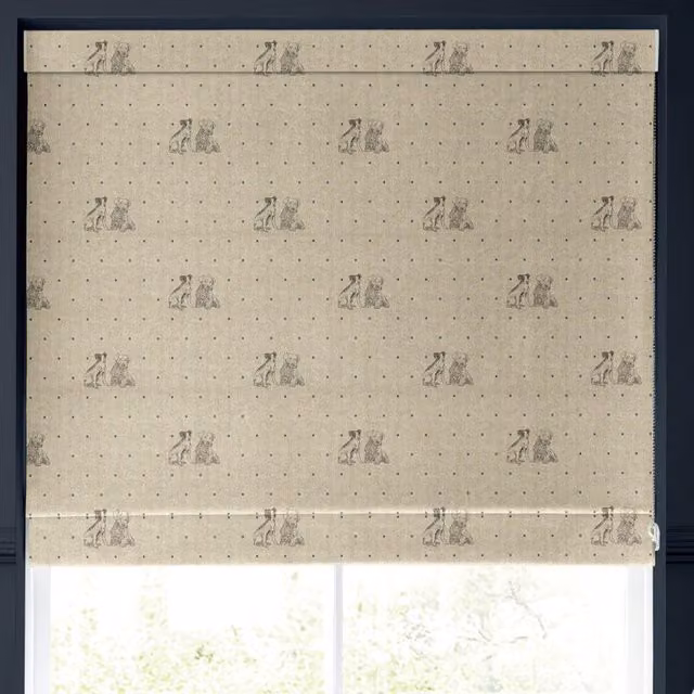 Emily Bond Millie Made to Measure Blackout Roman Blind in Blue and Beige Dotted Animal Print