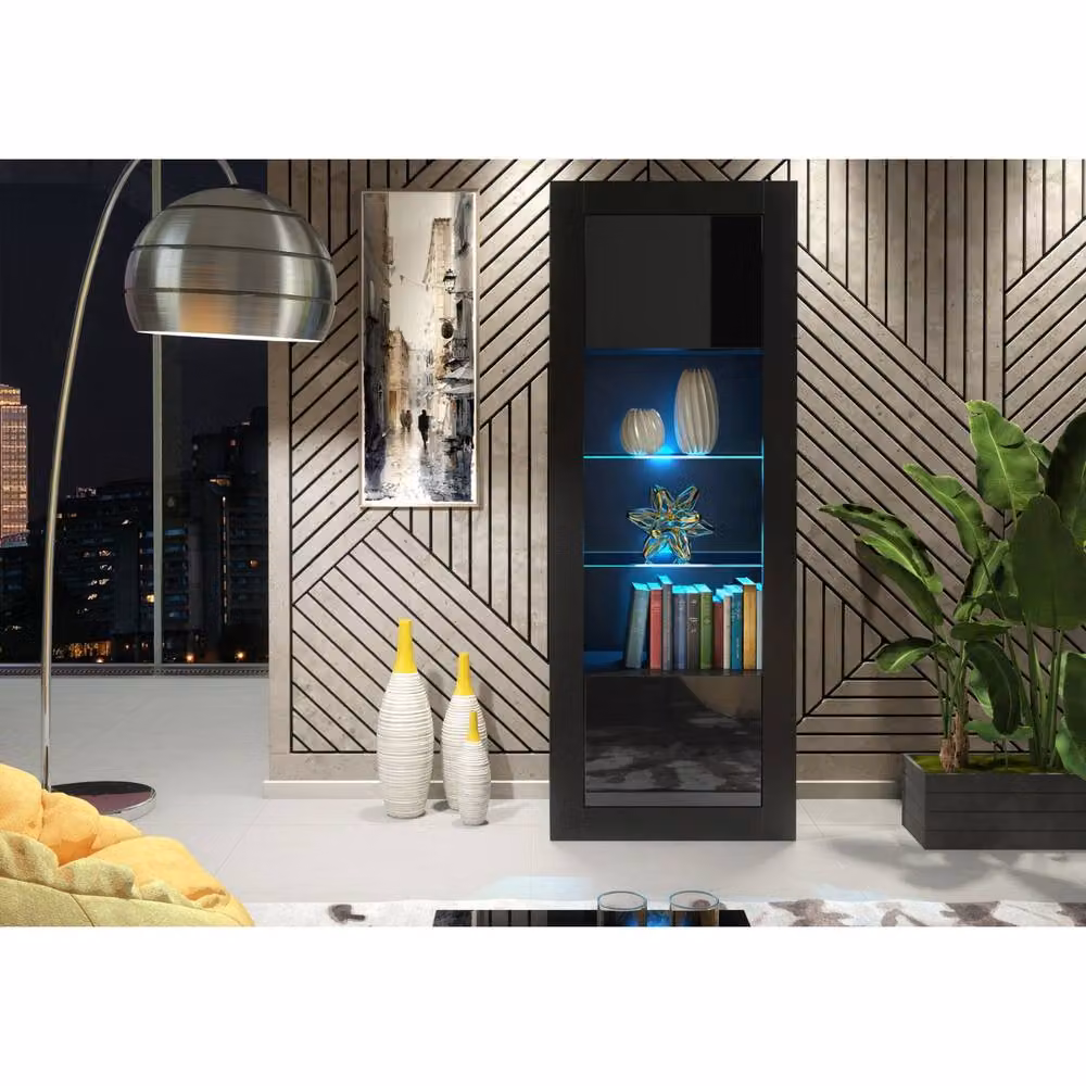 Creative Furniture Illume Modern Black Glossy Display Cabinet with LED Lighting and Glass Doors, H 170 x W 63 x D 35 cm – 2