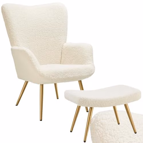 tectake Hygge Armchair with Ottoman in Cream Bouclé with Gold Metal Legs – 1