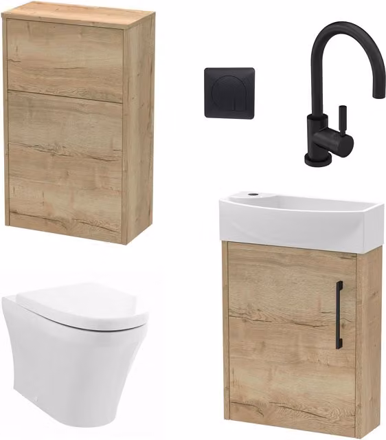 Balterley Modern Right Hand Cloakroom Suite with Oak Vanity, WC, Toilet and Tap Set in Black and Grey, Width: 44 cm – 1
