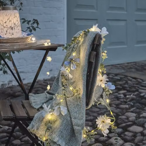 Lights4fun Pre Lit Blue and White Bloom Artificial Floral Garland with Warm White Micro LED Lights – 2