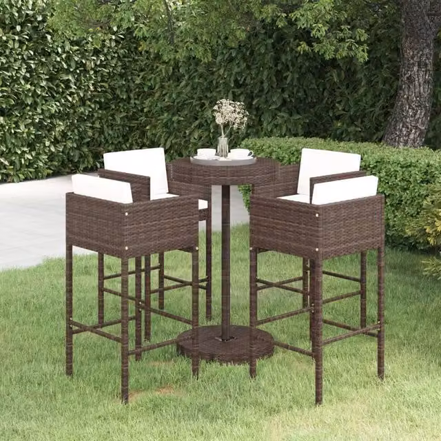 Berkfield Home 5 Piece Brown Poly Rattan Garden Bar Set with Cushions – 1