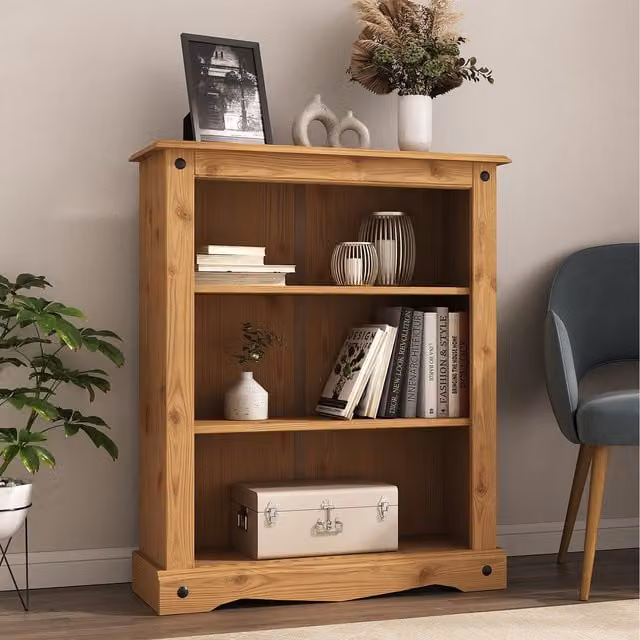 Mews Corona Small Bookcase in Waxed Pine and Metal, Brown and Black