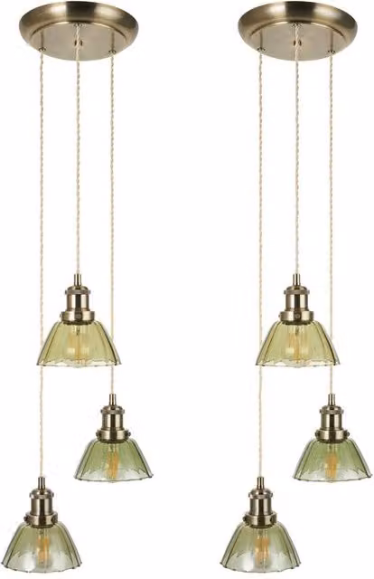 First Choice Lighting Set of 2 Vintage Green Glass and Brass 3 Light Cluster Pendant Lights in Bronze and Gold