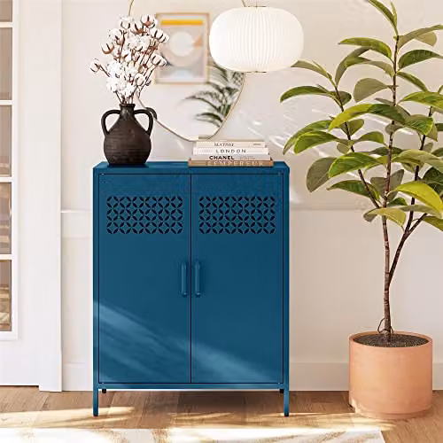 Dorel Home Furnishing Annie Retro Metal Storage Cabinet with 2 Hinged Doors in Blue
