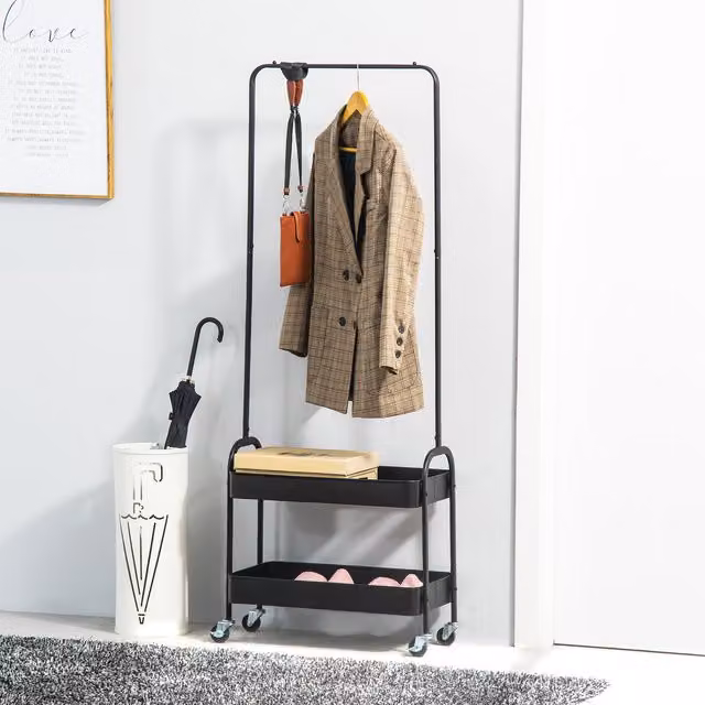 HOMCOM Metal Clothes Rack with Shoe Storage and Continuous Linear Rail, Black Freestanding Hall Tree on Wheels