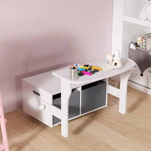 AIYAPLAY 3 in 1 Kids Storage Bench with 2 Removable Fabric Bins, White, W/D/H: 56.7 x 46.5 x 46.5 cm – 3