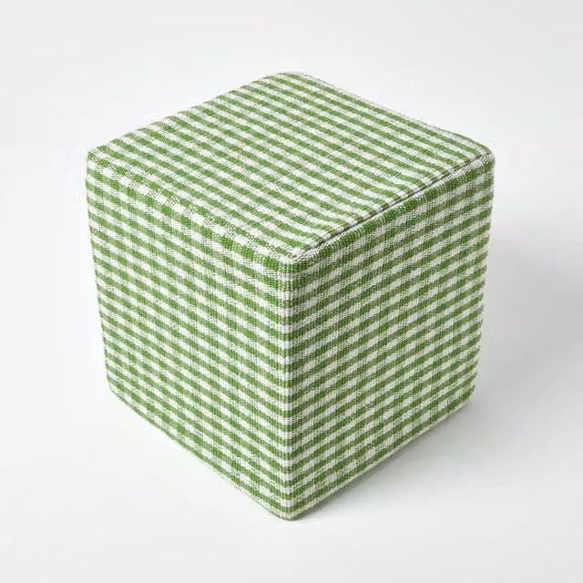 Homescapes Gingham Check Cotton Cube Pouffe in Green and Blue