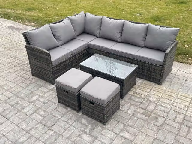 Fimous Rattan L-Shape Corner Lounge Sofa Set with Coffee Table and Ottomans in Grey