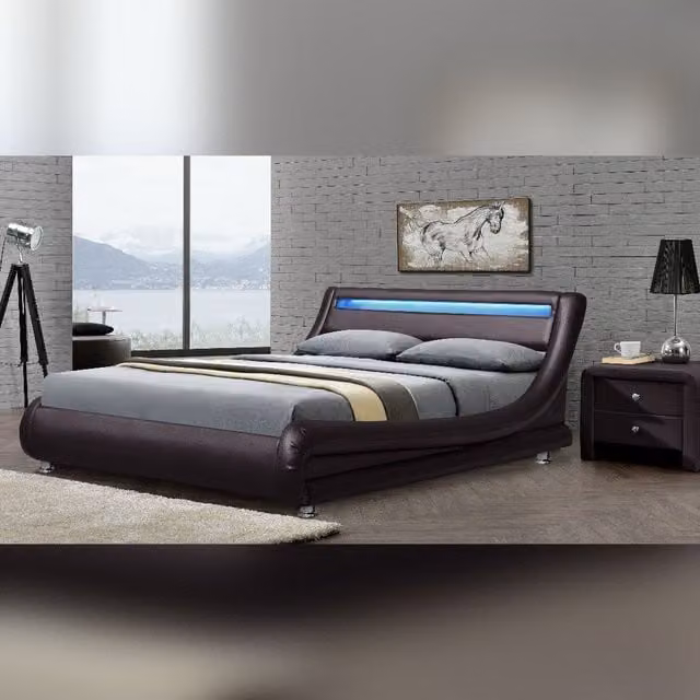 Comfy Living Ltd Italian Style Upholstered Faux Leather Bedframe with LED Under-Bed Lighting in Brown, Size: 140 x 200 cm