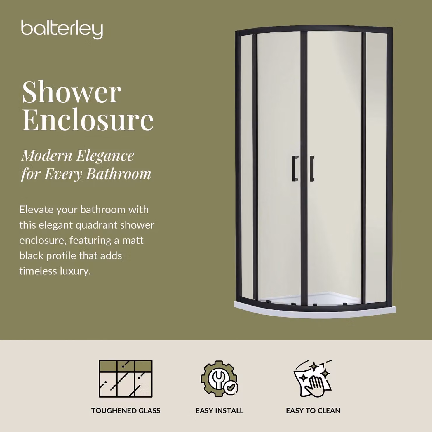 Balterley 6mm Glass Quadrant Corner Shower Enclosure, Matt Black, H x W x D: 190 x 90 x 90 cm – 2