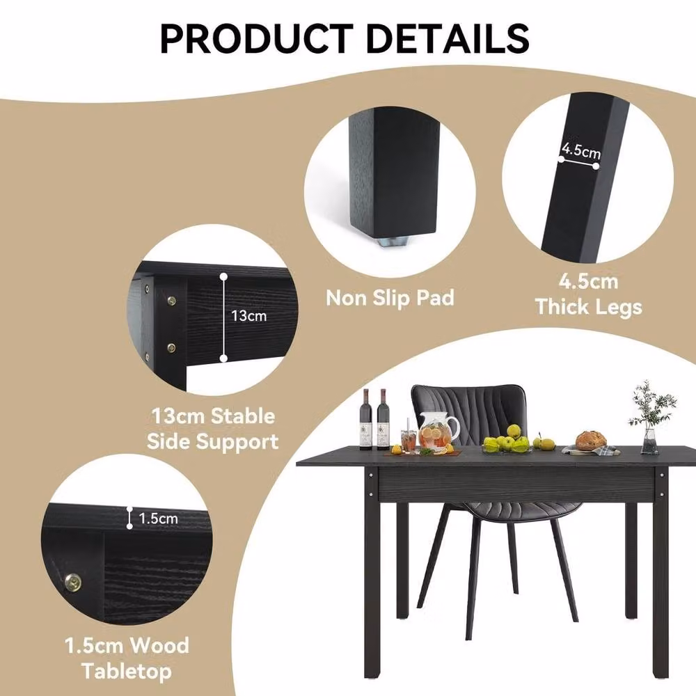 Kelvenix Modern Extendable Rectangular Dining Table in Matt Black Wood, W/D/H: 110 x 70 x 75 cm (Extends to 150 cm) – 5