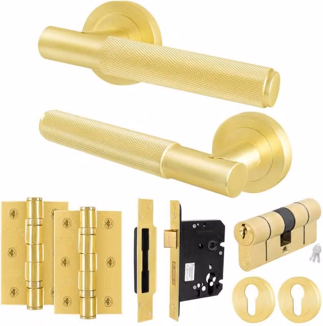 AFIT Satin Brass Euro Lock Double Cylinder Door Handle in Gold, 150 x 150 mm