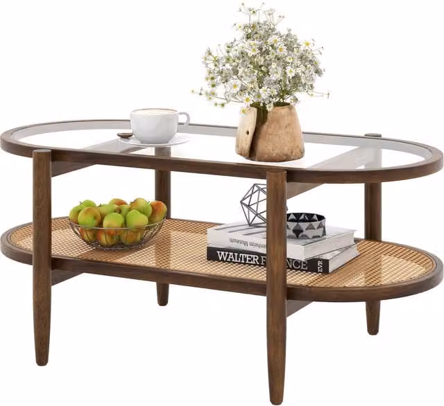 Costway 2-Tier Rattan Coffee Table with Tempered Glass Top in Brown