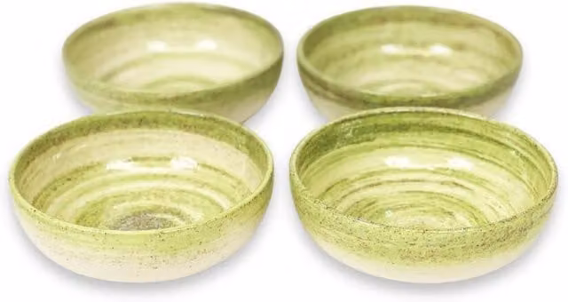 Verano Spanish Ceramics Pastel Beach Hand Painted Ceramic Shallow Bowls, Set of 4, Green, Diameter: 14 cm