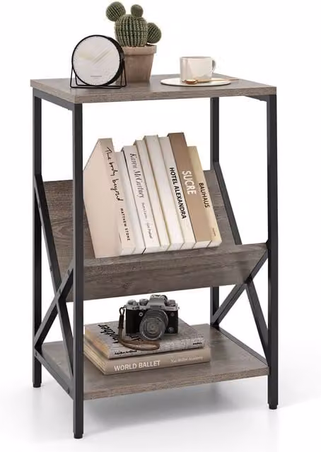 Gymax 3-Tier White Side Table with V-Shaped Magazine Holder and Metal Frame