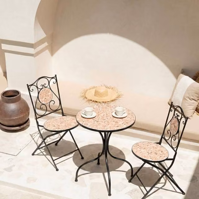 Wyld and Coco Set of 2 Black Metal Vintage Garden Chairs with Terrazzo Ceramic Insets – 1