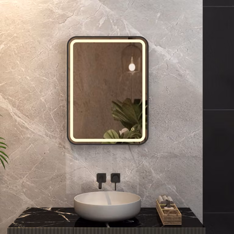 Royal Bathrooms Luna Rectangular LED Illuminated Framed Mirror in Matt Black, W: 60 cm, H: 80 cm, with Demister Pad and Touch Sensor