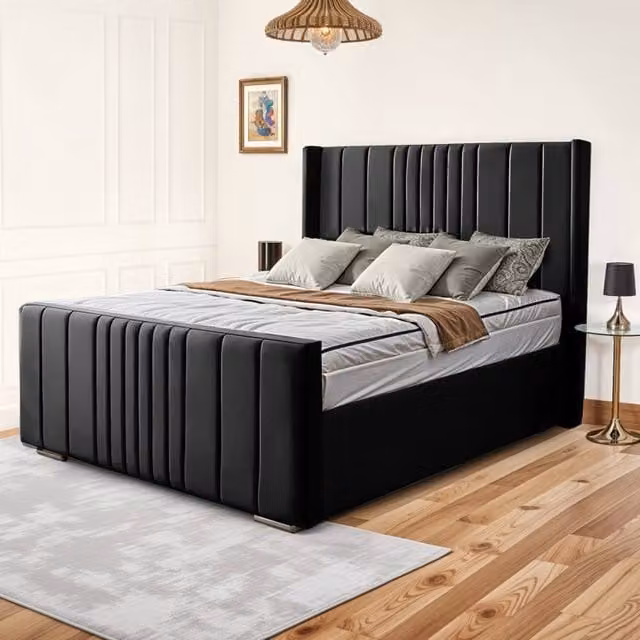 Fimous Balmoral Wingback Ottoman Gas Lift Upholstered Bed with 48 inch Headboard in Black, Size: Small Double