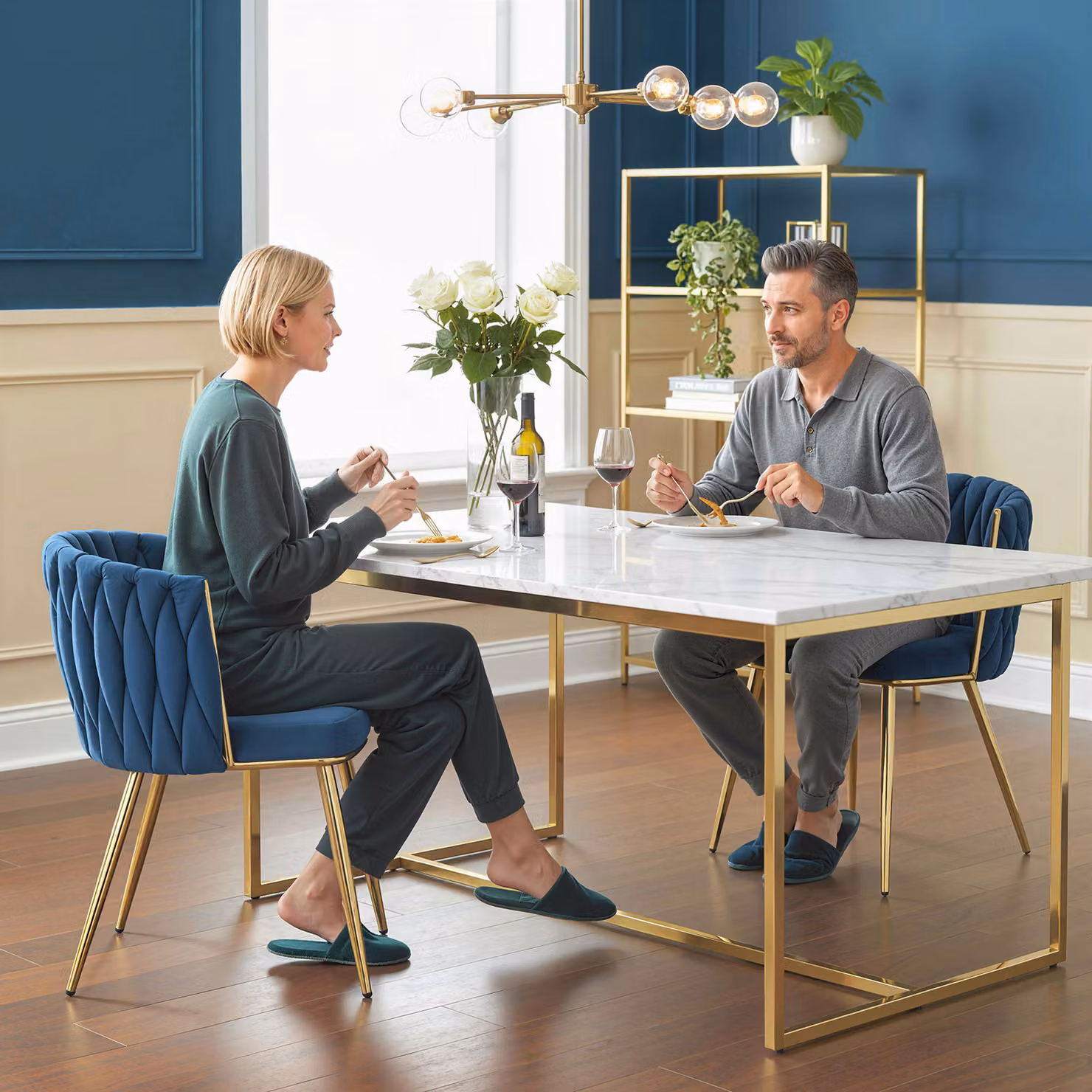 HOMCOM Set of 2 Modern Velvet Upholstered Dining Chairs with Armrests and Metal Legs, Blue and Gold – 2