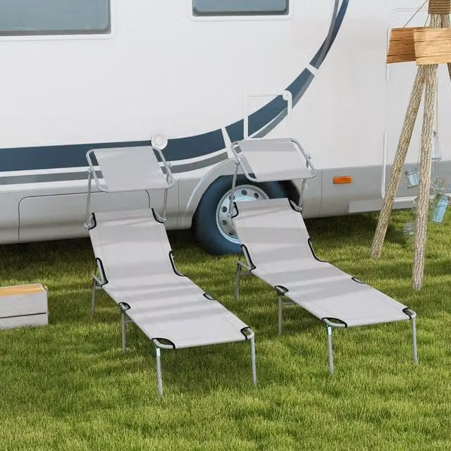 OUTSUNNY Set of 2 Folding Sun Loungers with Sunshade and Adjustable Backrest in Light Grey – 1