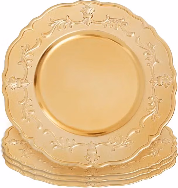 Orsina Dia Gold Finish Baroque Floral Serving Platter Charger Plate - Gold