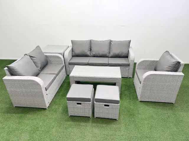 Fimous Patio 8 Seater Grey Rattan Outdoor Furniture Set with Coffee Table and Ottoman