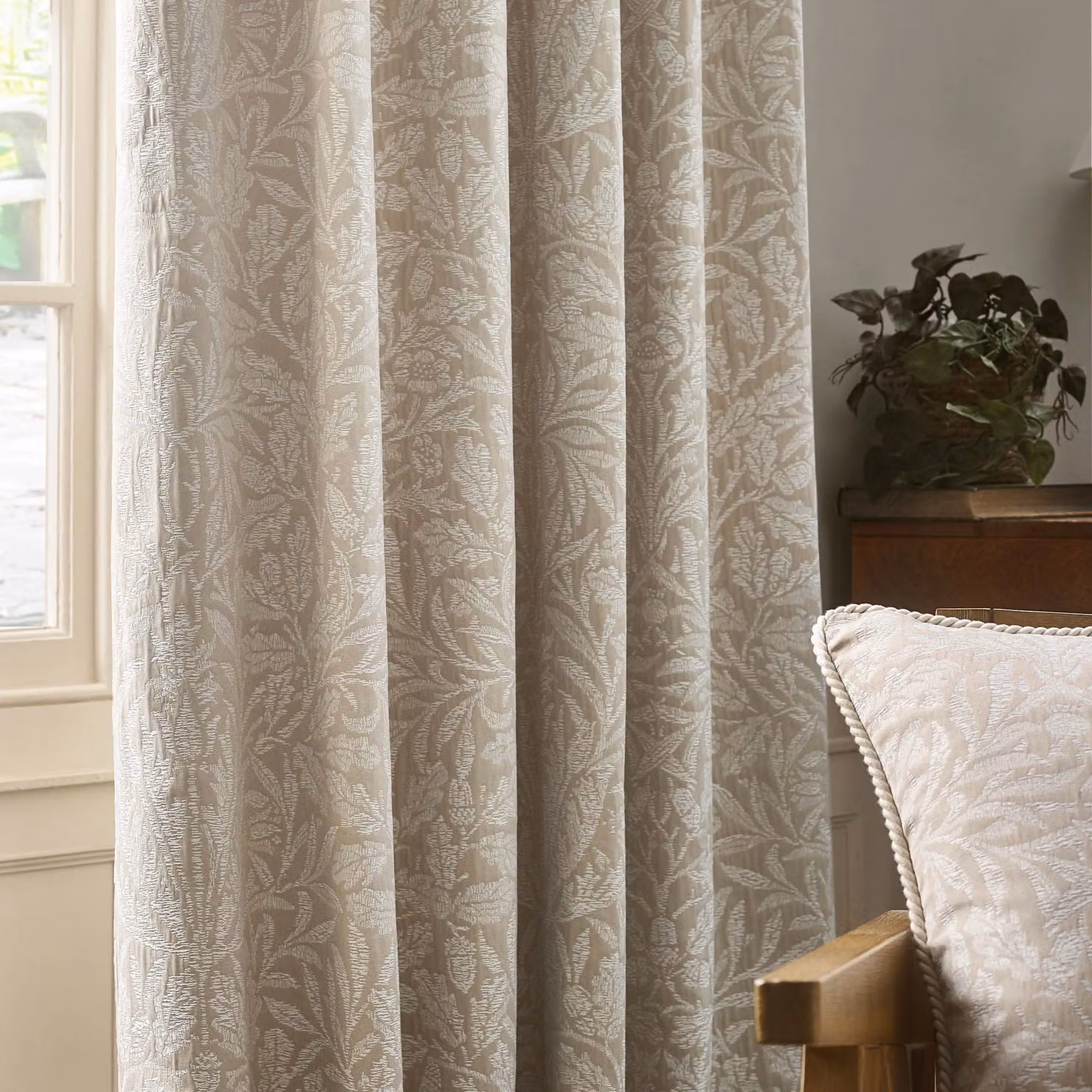 Morris & Co Acorn Tonal Matt Jacquard Pencil Pleat Curtains in Beige, Width: 168 cm, Drop: 137 cm – 5