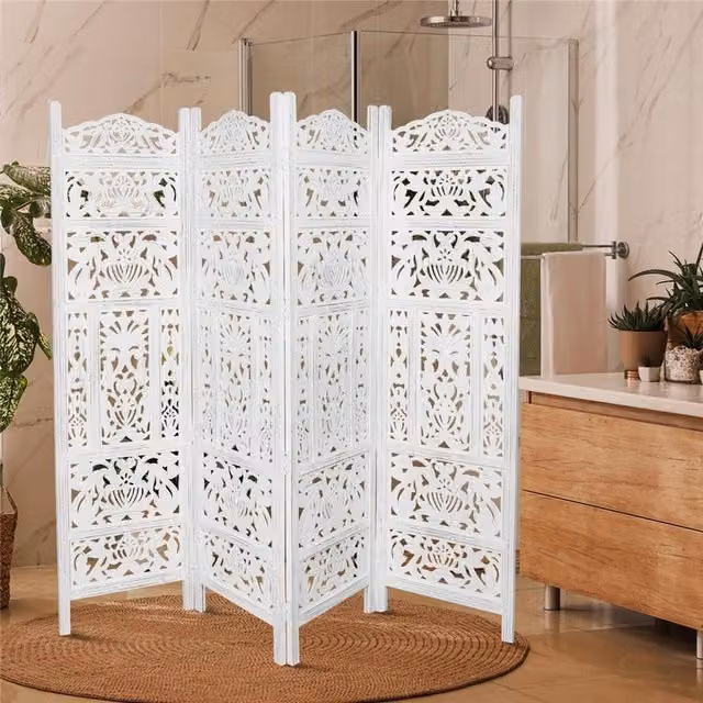 Topfurnishing 4 Panel Heavy Carved Wooden Room Divider Screen with Floral Leaves in White Matt Finish