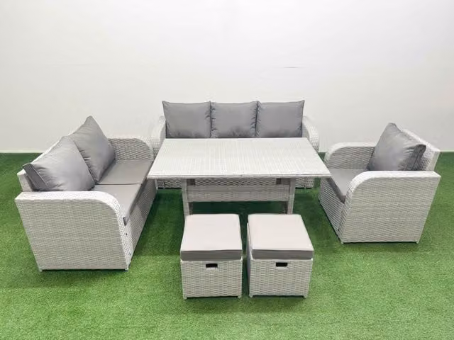 Fimous Grey PE Wicker 8 Seater Outdoor Rattan Furniture Set with Rectangular Dining Table, Reclining Chairs, 3 Seater Sofa, Loveseat and Stool