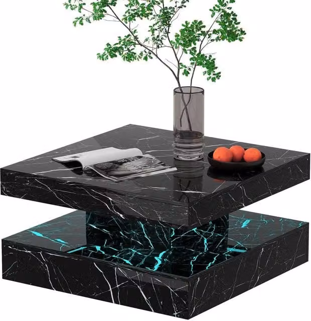 KEEPREAPER Modern Square Coffee Table with LED Light and 2-Tier Storage, Black Marble Finish, W: 78 cm, D: 40 cm, H: 78 cm