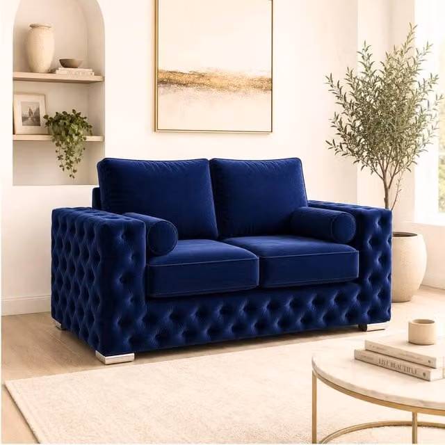 Stratus Interiors Ashley Tufted Chesterfield 2 Seater Fabric Living Room Sofa in Blue (W: 177.8 cm, H: 76.0 cm, D: 67.0 cm)