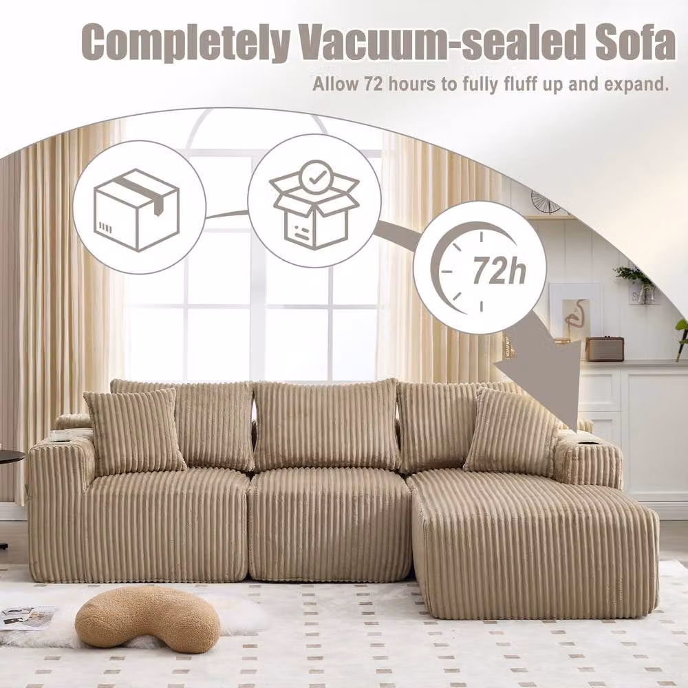Direct Wicker L-Shaped Modular Sectional Sofa in Beige, 3 Seater Upholstered Cloud Couch with Scatter Cushions and Cup Holders – 2