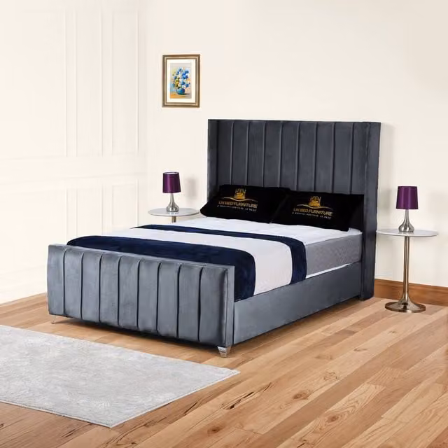 UK Bed Furniture Empire Winged Gas Lift Ottoman Upholstered Velvet Bed in Anthracite Grey, Size: Double (140 x 200 cm)