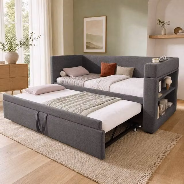 STILVORA Single Bed Frame with USB Charging Port and Side Compartments in Grey Fabric, W/D/H: 90 x 190 x 74 cm – 1