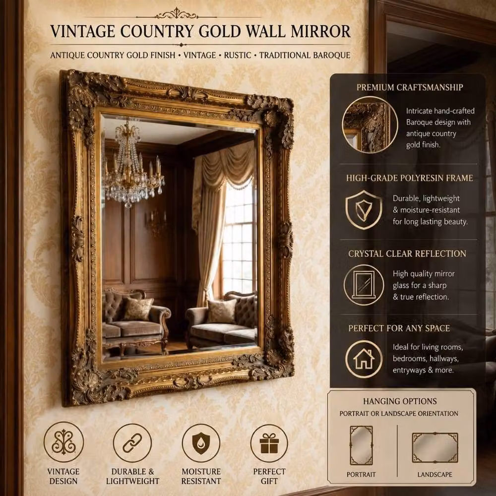 HOME LUXE INTERIOR Antique Gold Ornate Baroque Wall Mirror, W: 60 cm, H: 90 cm – 6