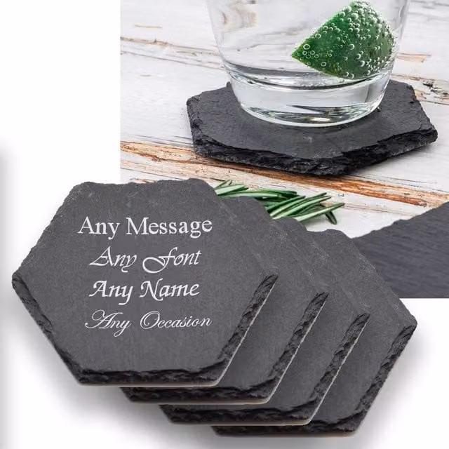 Uniqueful Personalised Set of 4 Hexagon Slate Drinks Coasters in Black