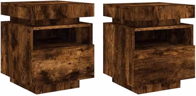 Berkfield Home Set of 2 Smoked Oak Bedside Cabinets with Integrated LED Lights, Brown, W/D/H: 40 x 39 x 48.5 cm – 1