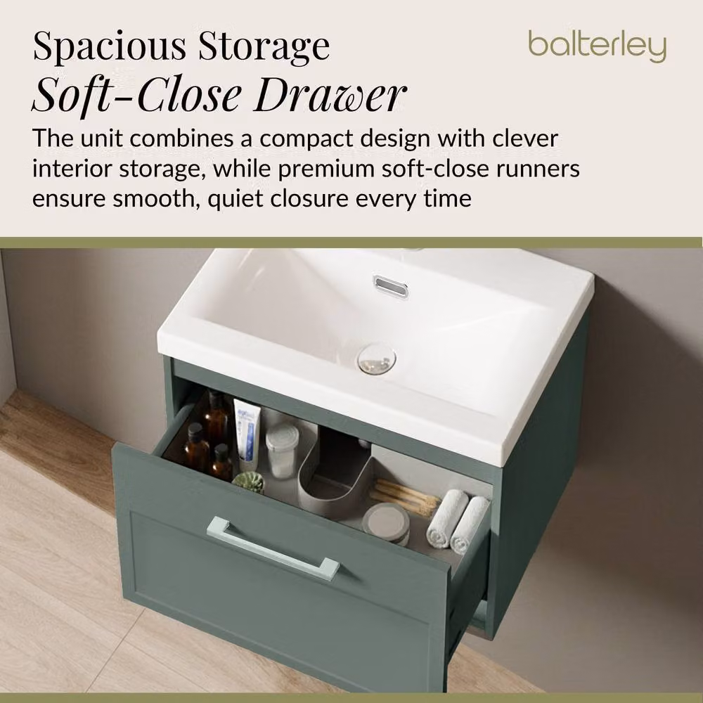 Balterley Wall Hung 1 Drawer Vanity Unit and 3TH Fireclay Basin, Green, Width: 50 cm – 3