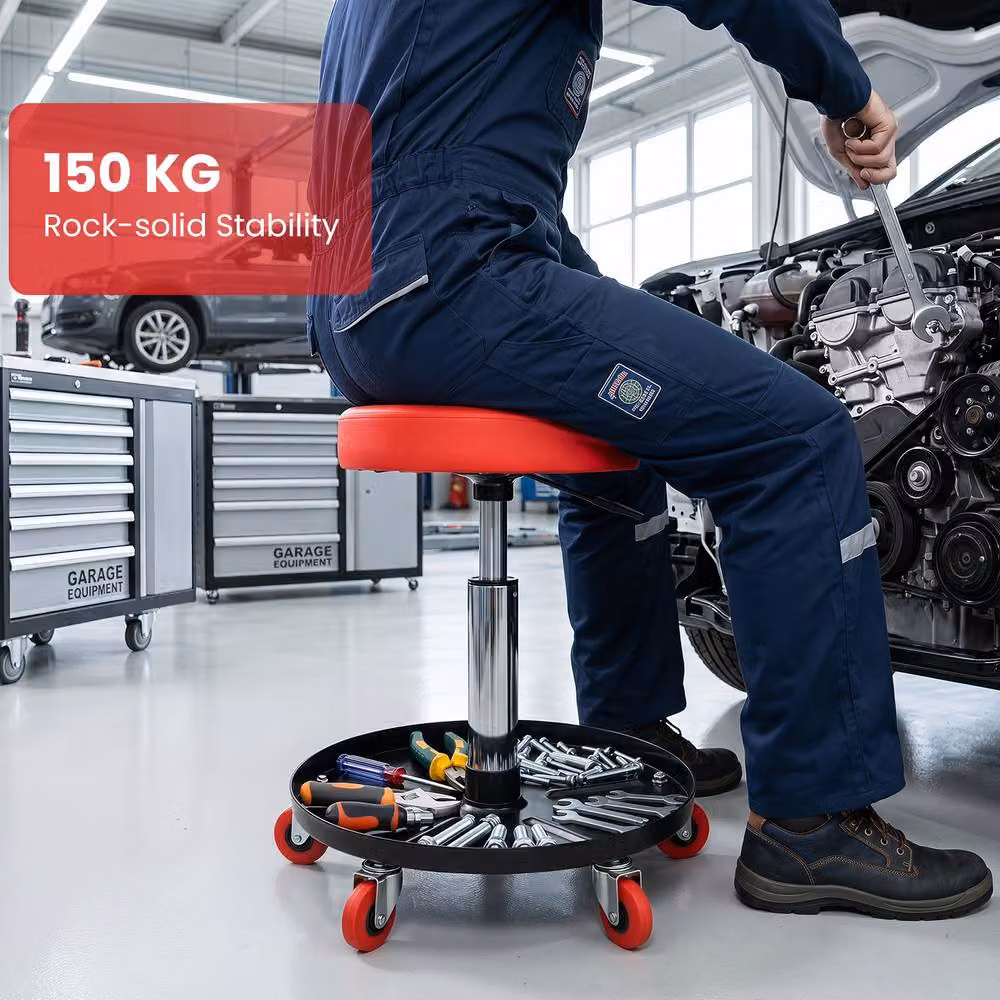 Costway Height Adjustable Mechanic Stool with Wheels and Storage, Red – 5