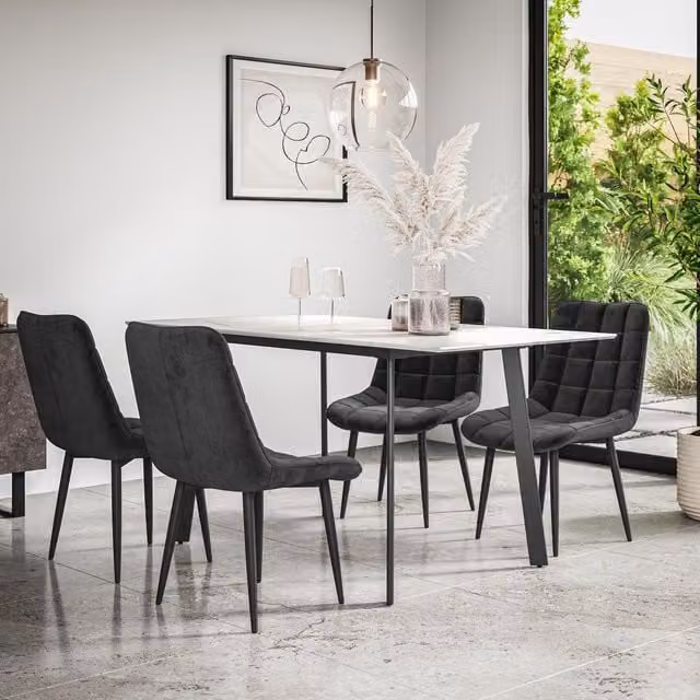 More4Homes Haydon Extending Dining Table and 6 Nova Velvet Chairs Set, White Marble Effect and Black – 1