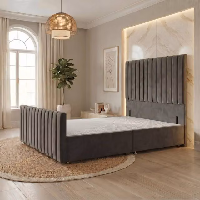 Somnior Eleanor Velvet Divan Base with Headboard and Footboard, Small Single, Grey – 1