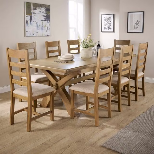 Home Source Rustic Oak Extendable Dining Table and 8 Upholstered Chairs in Beige and Grey