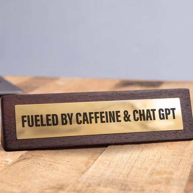 Boxer Gifts Fuelled by Caffeine ChatGPT Novelty Wood Tabletop Desk Sign, Brown