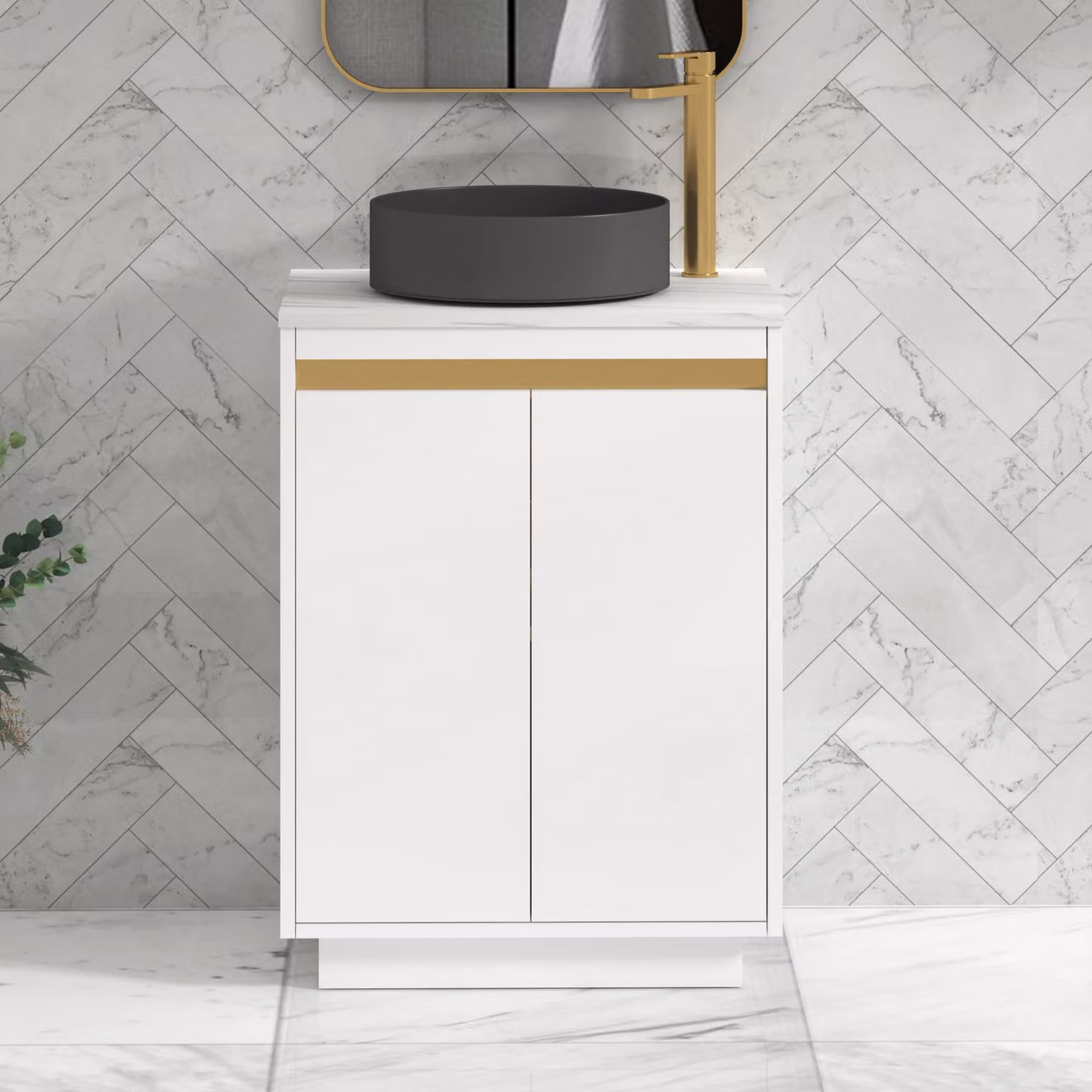 Royal Bathrooms Orion 800mm Matt White Floor Standing 2 Door Vanity Unit with Art Round Basin and Brushed Brass Accent Trim