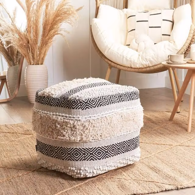 Wyld and Coco Cotton Geometric Boho Cube Pouffe in Beige, White and Black, W/D/H: 45 x 45 x 45 cm