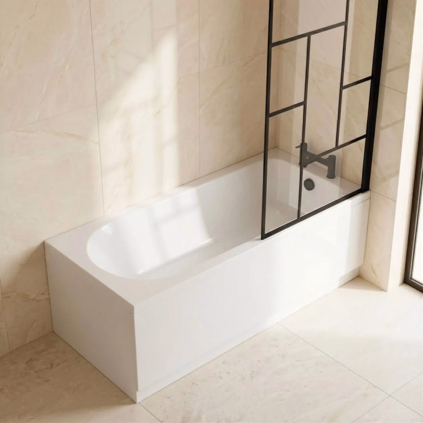 Balterley Round Bath in White with Black Abstract Screen and Black Waste, W/D/H: 170 x 70 cm – 2