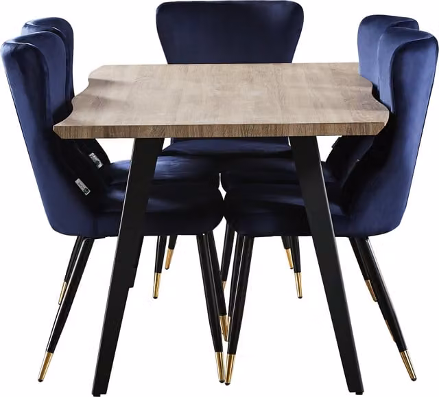 Life Interiors Rocco LUX Modern Rectangular Wood Dining Set with 6 Blue and Black Upholstered Chairs