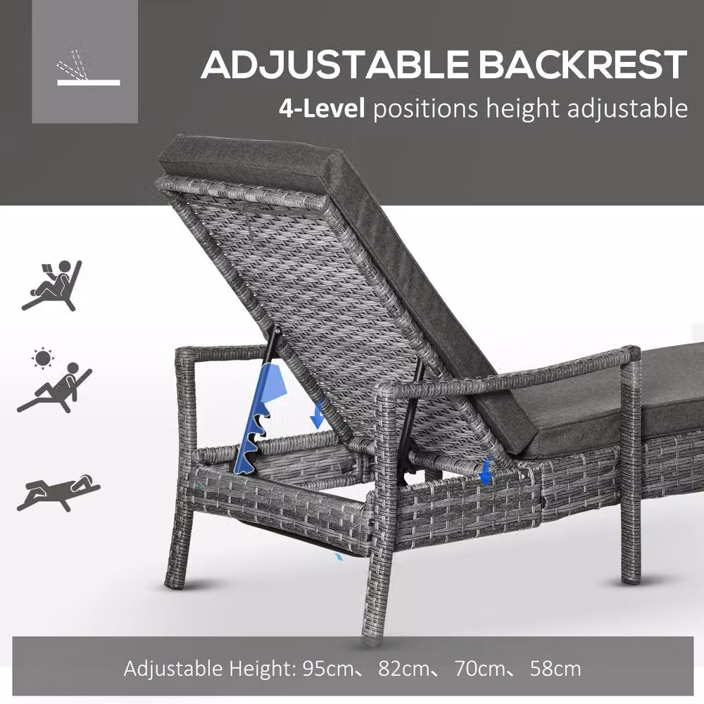 OUTSUNNY Grey Polyrattan Single Sun Lounger with 5-Level Adjustable Headrest and Armrests – 3